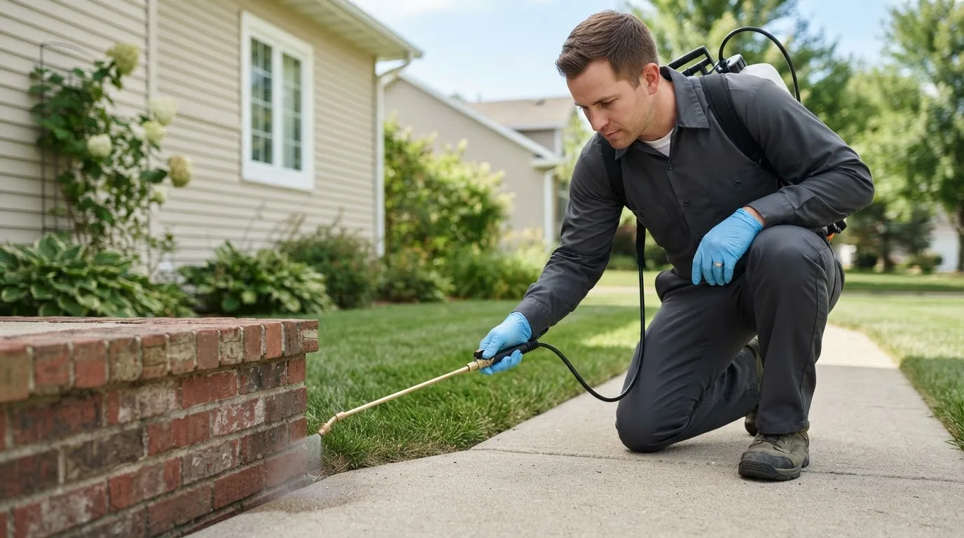 Pest control technician treating a home near Harrodsburg, IN