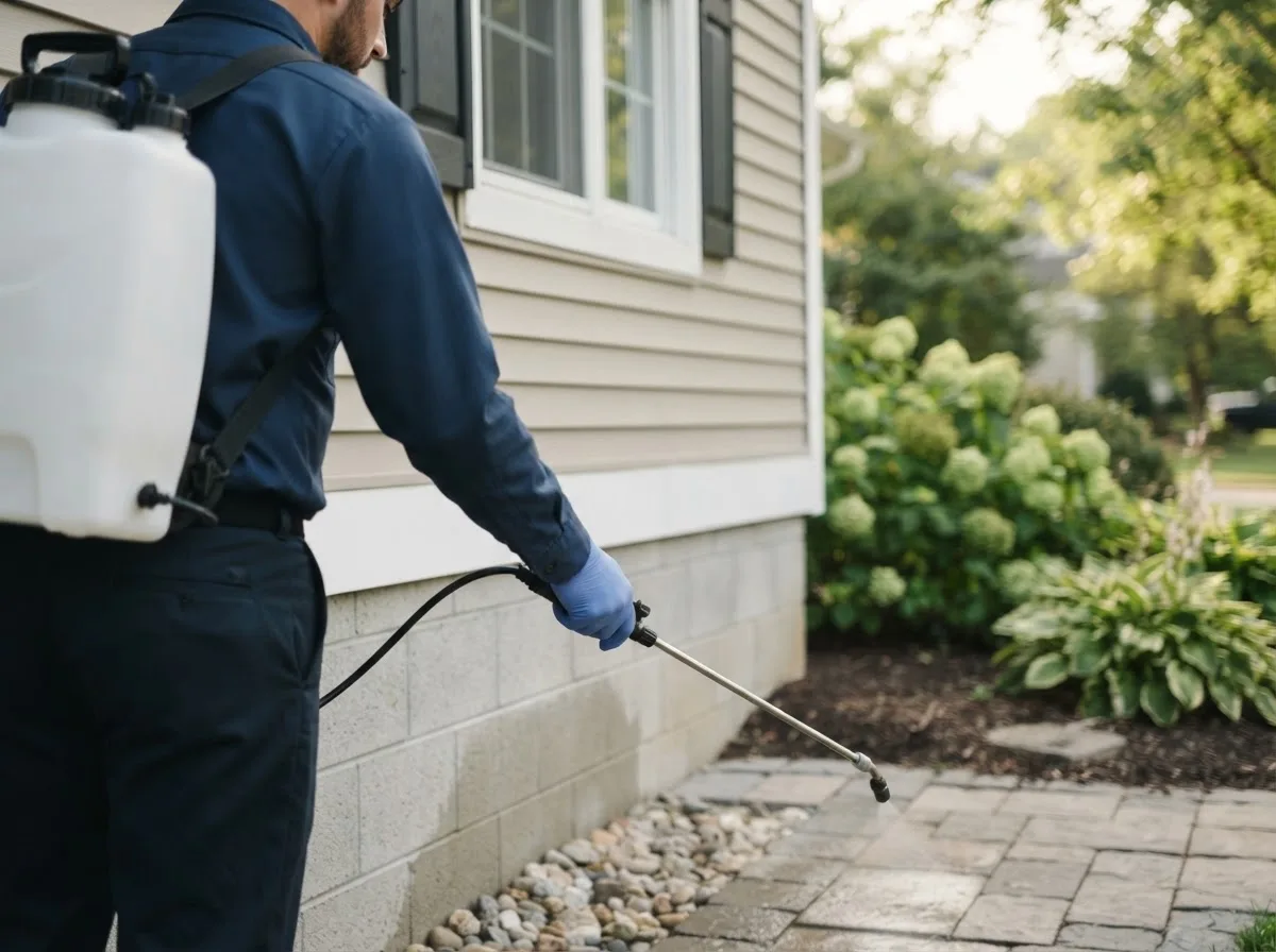 Pest control technician inspecting a home in Harrodsburg, IN